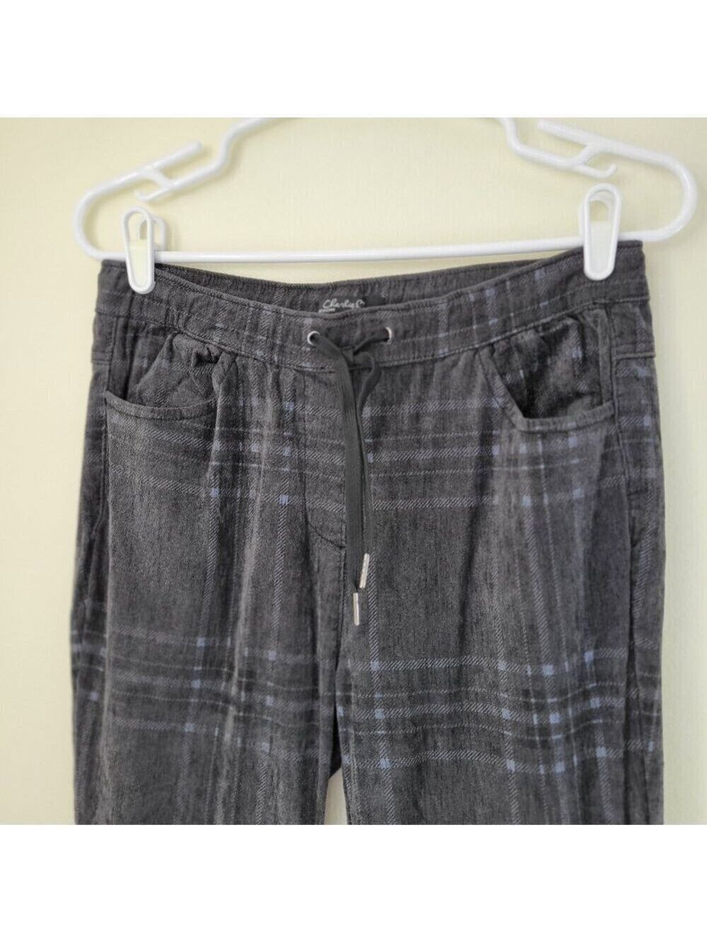 Charlie B Velour Pull On Drawstring Straight Leg Pants Gray Plaid Women's Size S - Picture 3 of 10
